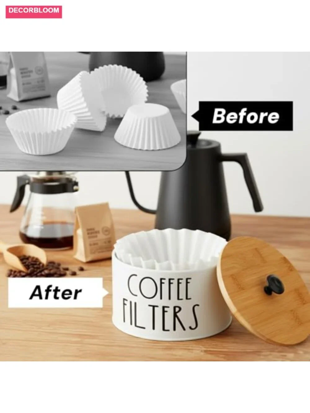 Coffee Filter Holder with Bamboo Lid, Large Capacity, Metal Base